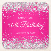 Zilveren Glitter en Hot Pink 50th Verjaardag Kartonnen Onderzetters (Voorkant)