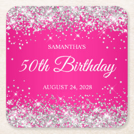 Zilveren Glitter en Hot Pink 50th Verjaardag Kartonnen Onderzetters