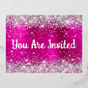 Zilveren Glitter en Hot Pink Glam 30e Verjaardag Folie Uitnodiging Briefkaart