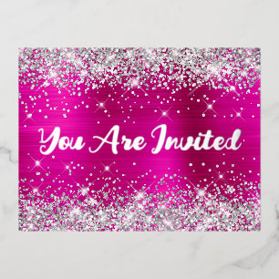 Zilveren Glitter en Hot Pink Glam 40e Verjaardag Folie Uitnodiging Briefkaart