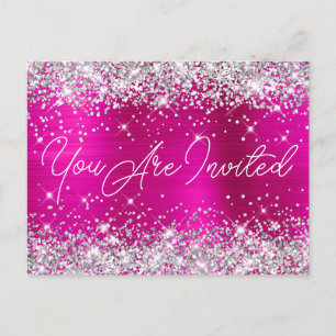 Zilveren Glitter en Hot Pink Glam 90ste Verjaardag Uitnodiging Briefkaart