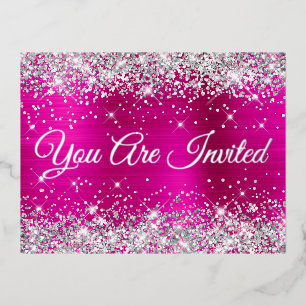Zilveren Glitter en Hot Pink Glam Quinceañera Folie Uitnodiging Briefkaart