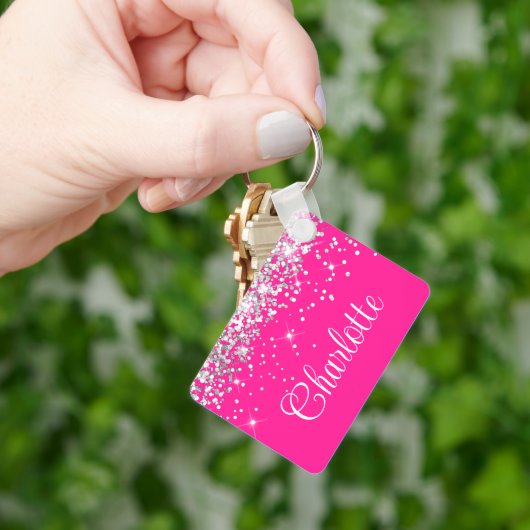 Zilveren Glitter en Hot Pink Monogram Sleutelhanger (Hand)