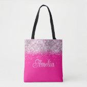 Zilveren Glitter en Hot Pink Monogram Tote Bag (Voorkant)