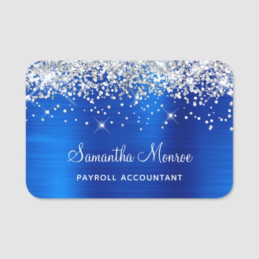 Zilveren Glitter en Koninklijk Blauwe Folie Naamplaatje (Voorkant)