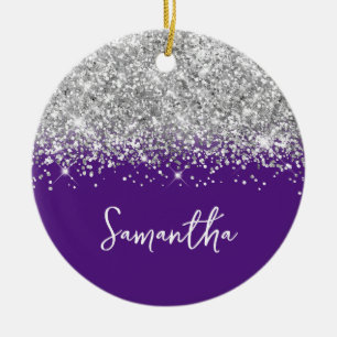 Zilveren Glitter en Koninklijk Paarse Glam Naam Fo Keramisch Ornament