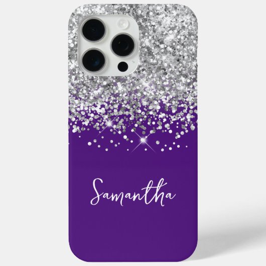 Zilveren Glitter en Koninklijk Paarse Naam Case-Mate iPhone Case (Achterkant)