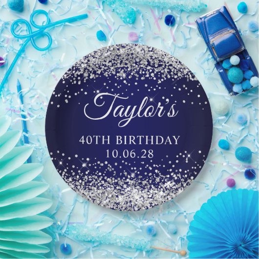 Zilveren Glitter en Navy Blue 40e verjaardag Papieren Bordje