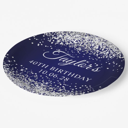 Zilveren Glitter en Navy Blue 40e verjaardag Papieren Bordje (Gekanteld)