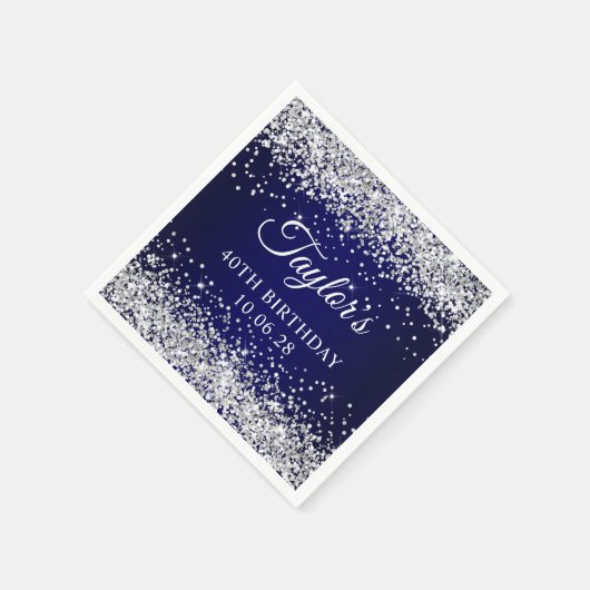 Zilveren Glitter en Navy Blue 40e verjaardag Servet (Hoek)