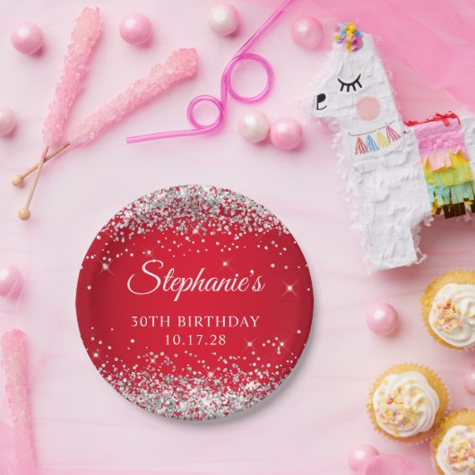 Zilveren Glitter en Rood 30ste verjaardag Papieren Bordje (Feest)
