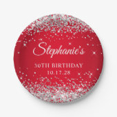Zilveren Glitter en Rood 30ste verjaardag Papieren Bordje (Voorkant)