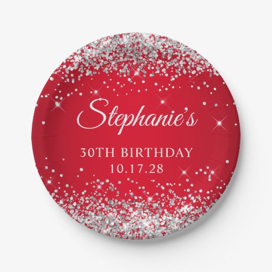 Zilveren Glitter en Rood 30ste verjaardag Papieren Bordje (Voorkant)