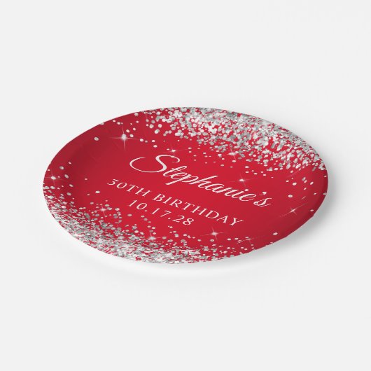 Zilveren Glitter en Rood 30ste verjaardag Papieren Bordje (Gekanteld)