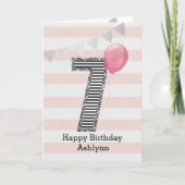 Zilveren glitter en roze 7e verjaardag kaart (Voorkant)