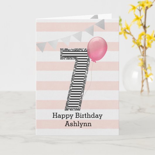 Zilveren glitter en roze 7e verjaardag kaart (Gele Bloem)
