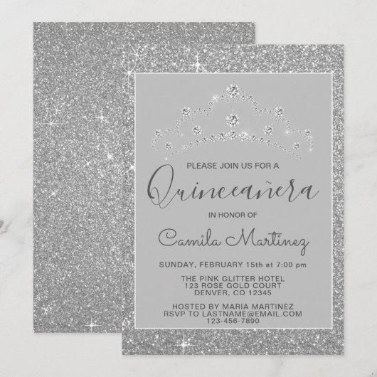 Zilveren Glitter en Sparkle Quinceanera Kaart (Voorkant / Achterkant)
