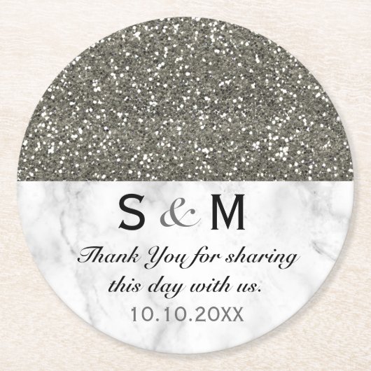 Zilveren glitter en wit marmer bruiloft monogram ronde kartonnen onderzetter (Voorkant)