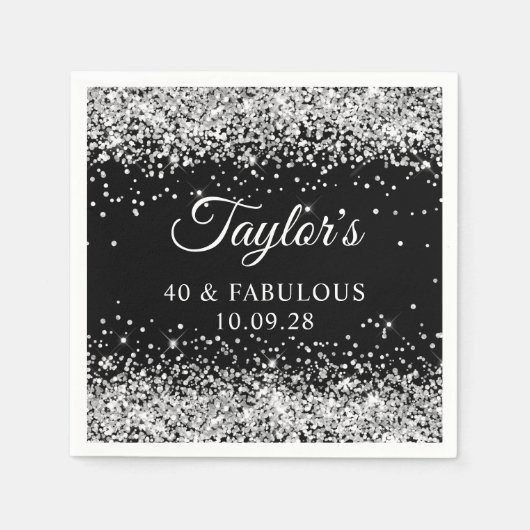 Zilveren Glitter en Zwart 40 & Fabulous Servet (Voorkant)