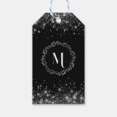 Zilveren glitter en zwart elegant monogram cadeaulabel (Voorkant)