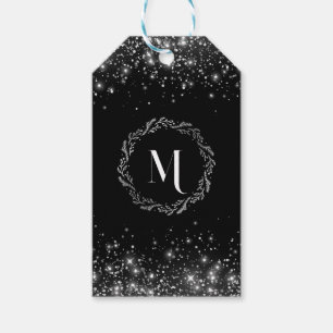 Zilveren glitter en zwart elegant monogram cadeaulabel