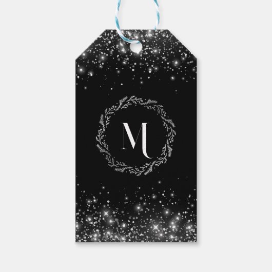 Zilveren glitter en zwart elegant monogram cadeaulabel (Voorkant)