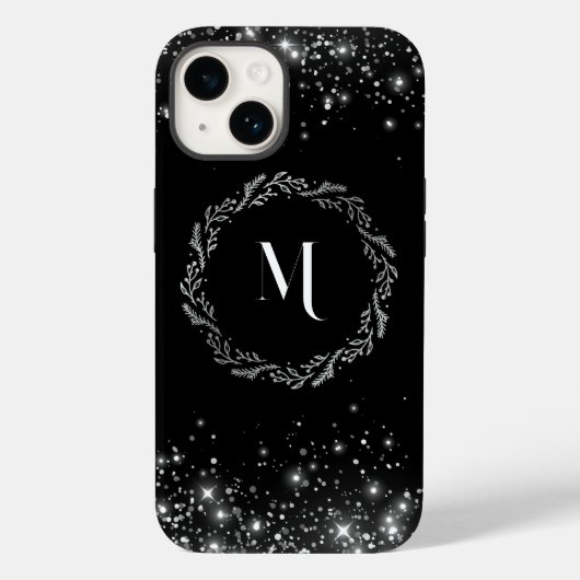 Zilveren glitter en zwart elegant monogram Case-Mate iPhone case (Achterkant)