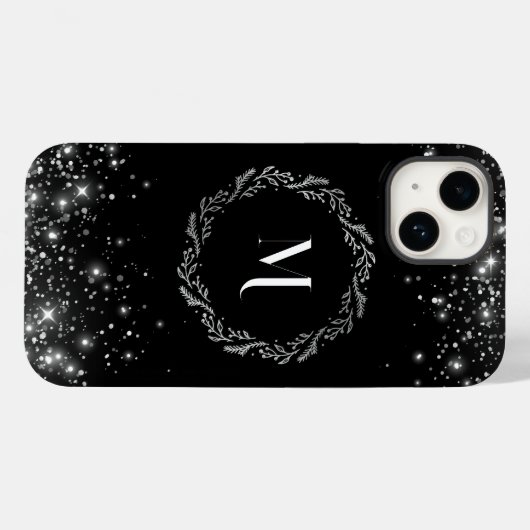 Zilveren glitter en zwart elegant monogram Case-Mate iPhone case (Achterkant (horizontaal))