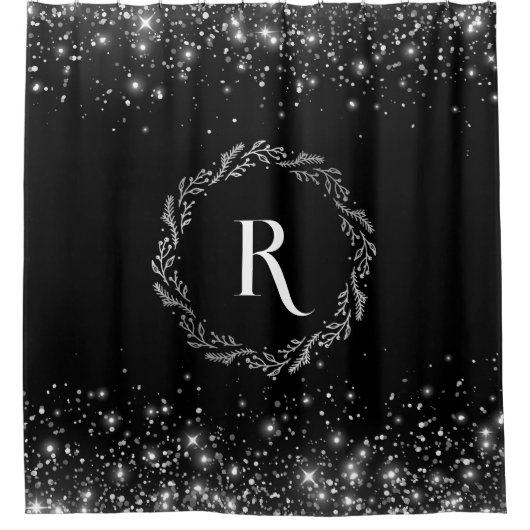 Zilveren glitter en zwart elegant monogram douchegordijn (Voorkant)