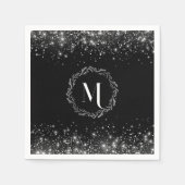 Zilveren glitter en zwart elegant monogram servet (Voorkant)