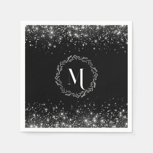 Zilveren glitter en zwart elegant monogram servet (Voorkant)
