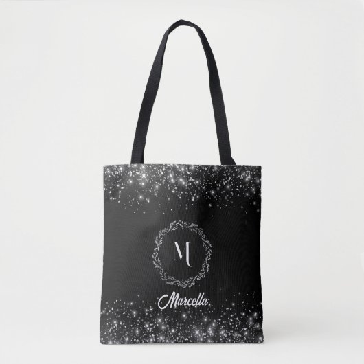 Zilveren glitter en zwart elegant monogram tote bag (Voorkant)