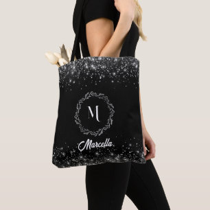 Zilveren glitter en zwart elegant monogram tote bag