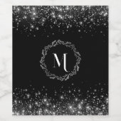 Zilveren glitter en zwart elegant monogram wijn etiket (Enkel label)