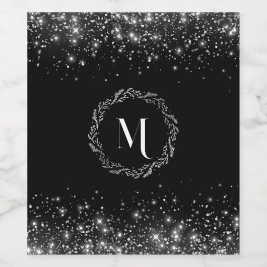 Zilveren glitter en zwart elegant monogram wijn etiket (Enkel label)