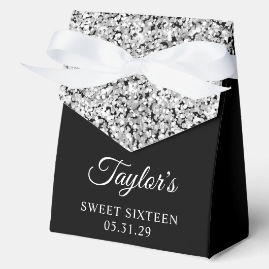 Zilveren Glitter en Zwart Sweet Sixteen Bedankdoosjes (Voorkant)