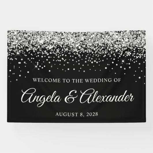 Zilveren Glitter en Zwarte Bruiloft Welkom Spandoek (Horizontaal)