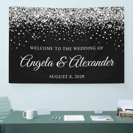 Zilveren Glitter en Zwarte Bruiloft Welkom Spandoek (Beurs)