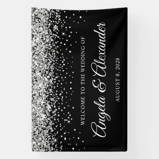 Zilveren Glitter en Zwarte Bruiloft Welkom Spandoek (Verticaal)