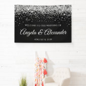 Zilveren Glitter en Zwarte Bruiloft Welkom Spandoek (Insitu)