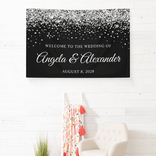 Zilveren Glitter en Zwarte Bruiloft Welkom Spandoek (Insitu)