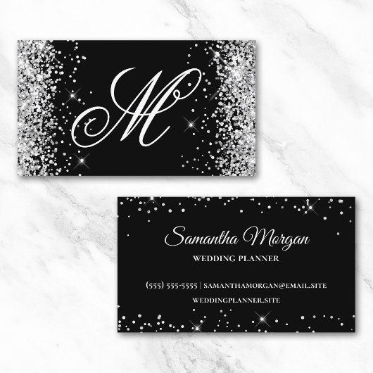 Zilveren Glitter en Zwarte Fancy Monogram Visitekaartje