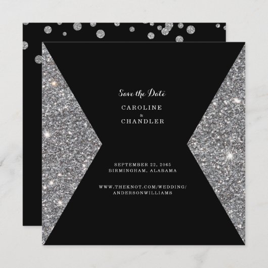Zilveren glitter en zwarte foto bruiloft save the date (Voorkant / Achterkant)