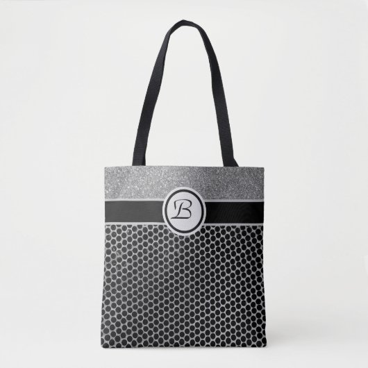 Zilveren Glitter en Zwarte Mode Chic met Monogram Tote Bag (Voorkant)