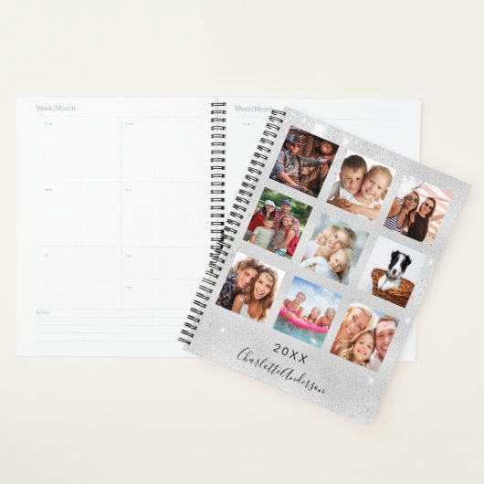 Zilveren glitter familie foto collage monogram 202 planner (Display)