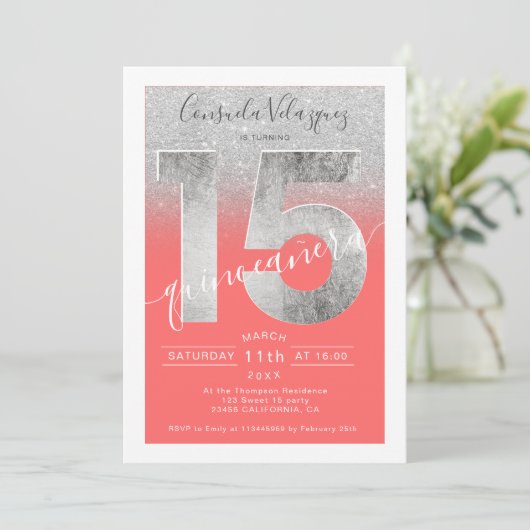 Zilveren glitter folie script koraal quinceanera f kaart (Staand voorkant)