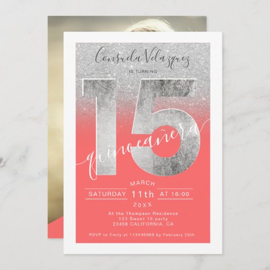 Zilveren glitter folie script koraal quinceanera f kaart (Voorkant / Achterkant)