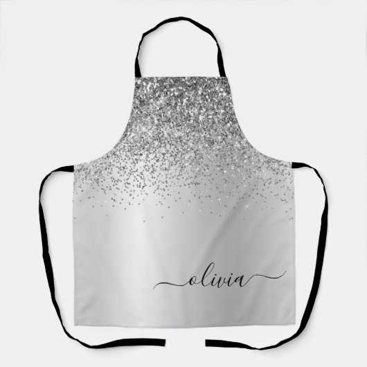 Zilveren Glitter Fonkel Glam Metaal Monogram Naam Schort (Voorkant)