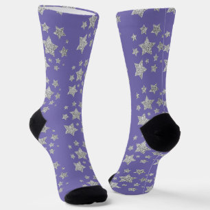 Zilveren glitter fonkelende sterrenpatroon paars sokken