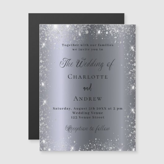 Zilveren glitter formele elegante luxe bruiloft magnetische uitnodiging (Voorkant / Achterkant)